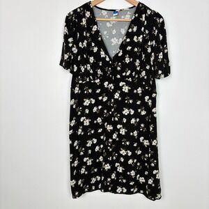 Old Navy Women Black Floral V Neck Button Front Mini Dress Sz L Boho Cottagecore